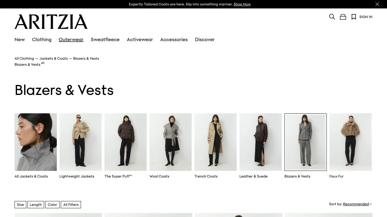 Aritzia’s real Blazers and Vests collection page