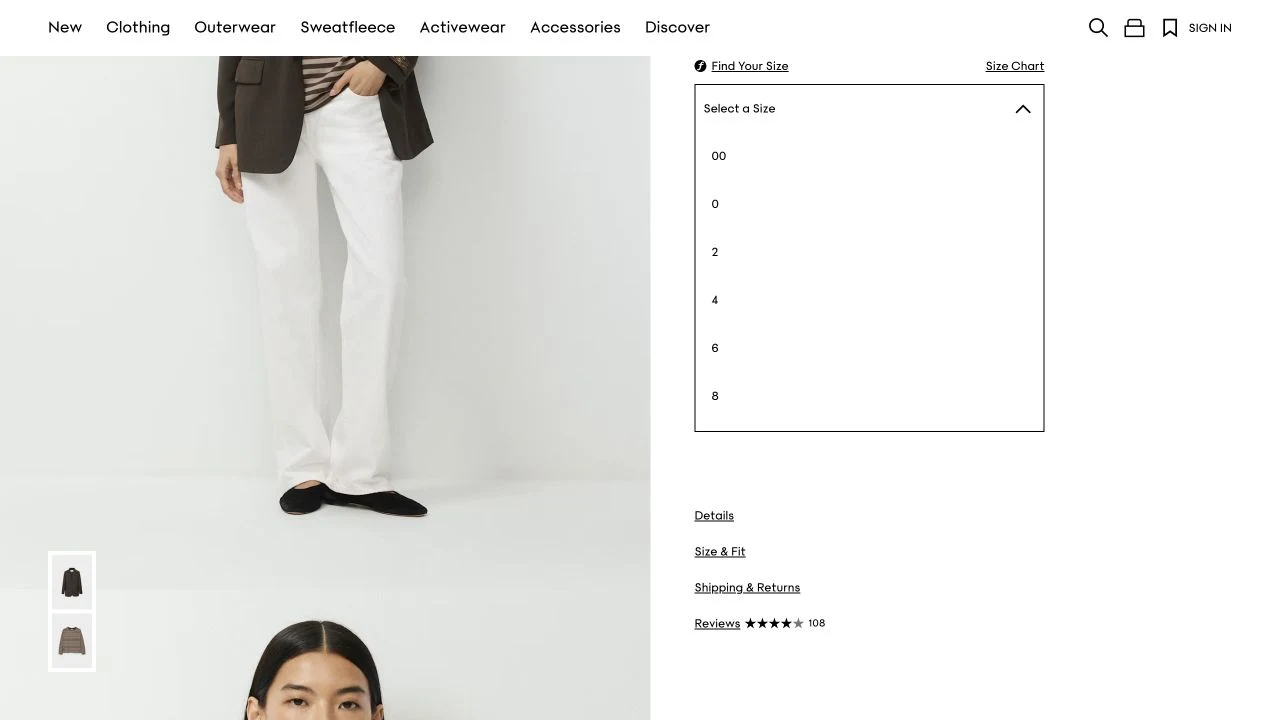Actual Aritzia size dropdown